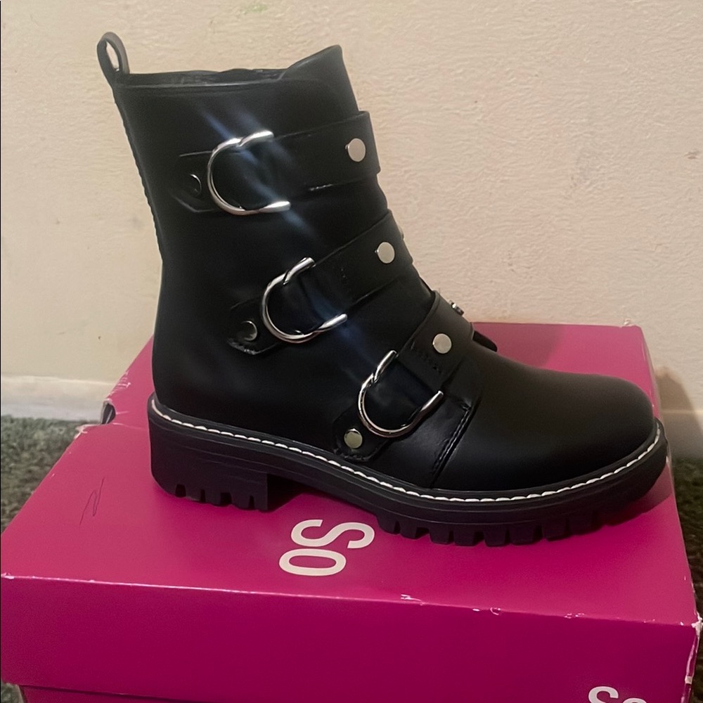 SO Black Combat Moto Boots with Silver Buckles